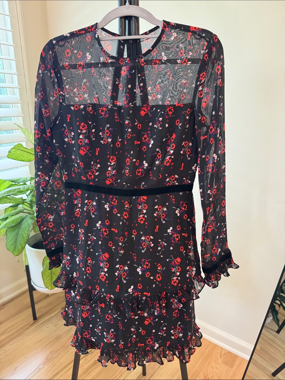 Lulu's Black Sheer Long-Sleeve Floral Mini Dress in Red and White
